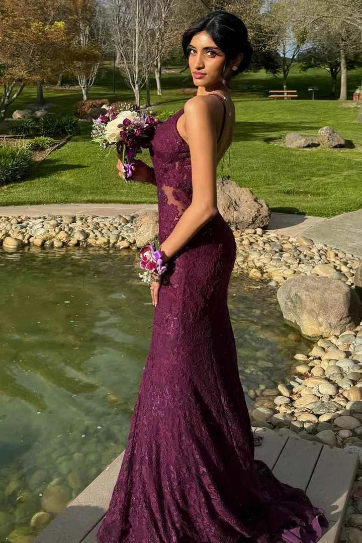Elegant Spaghetti Strap Deep V Neck Open Back Beaded Lace Mermaid Maxi Evening Dress With Train For Formal Evening Prom Wedding Guest Bridesmaid Gala