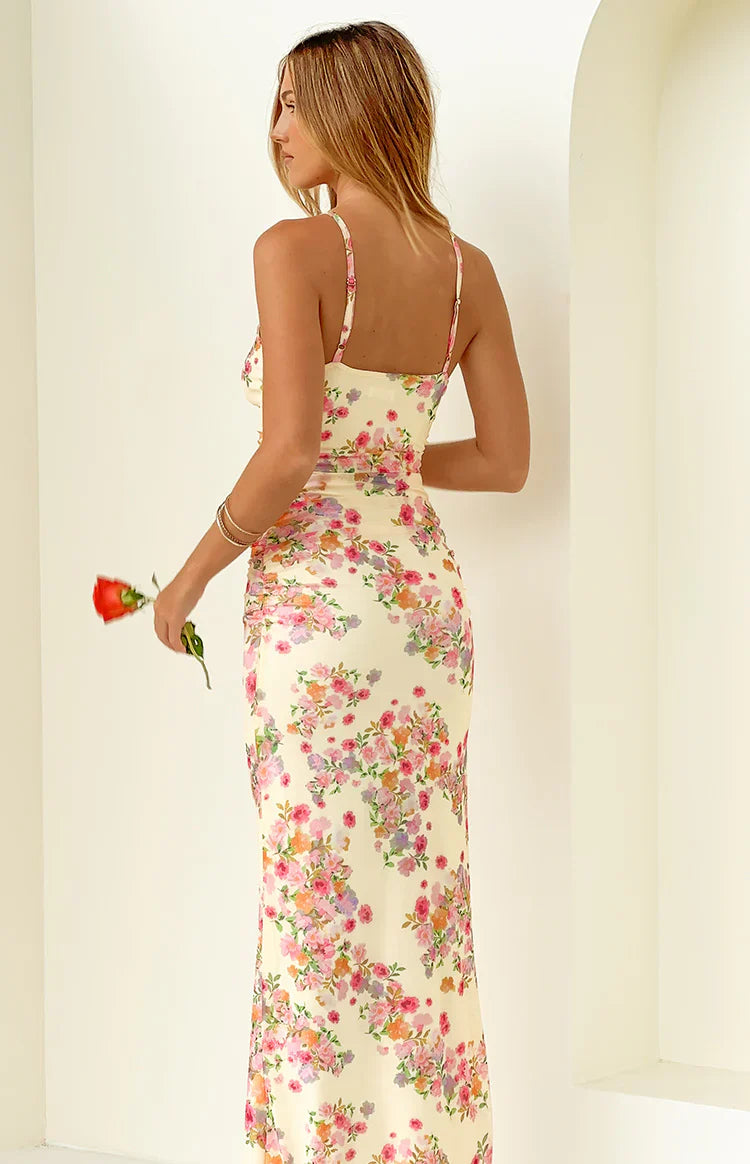 Elegant Spaghetti Strap Deep V Neck Open Back Ruched Detail Floral Print Mesh Bodycon Maxi Evening Dress For Formal Evening Gala Wedding Guest Bridesmaid