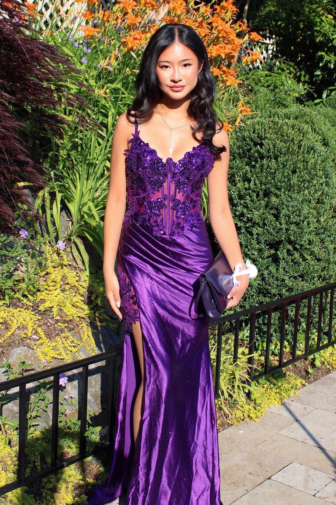 Elegant Spaghetti Strap Deep V Neck Sequin Floral Corset Velvet High Slit Prom Dress