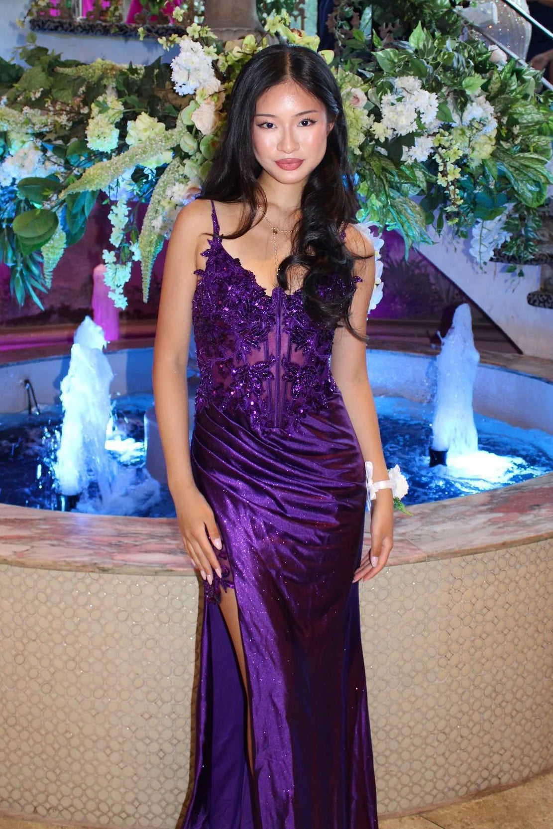 Elegant Spaghetti Strap Deep V Neck Sequin Floral Corset Velvet High Slit Prom Dress