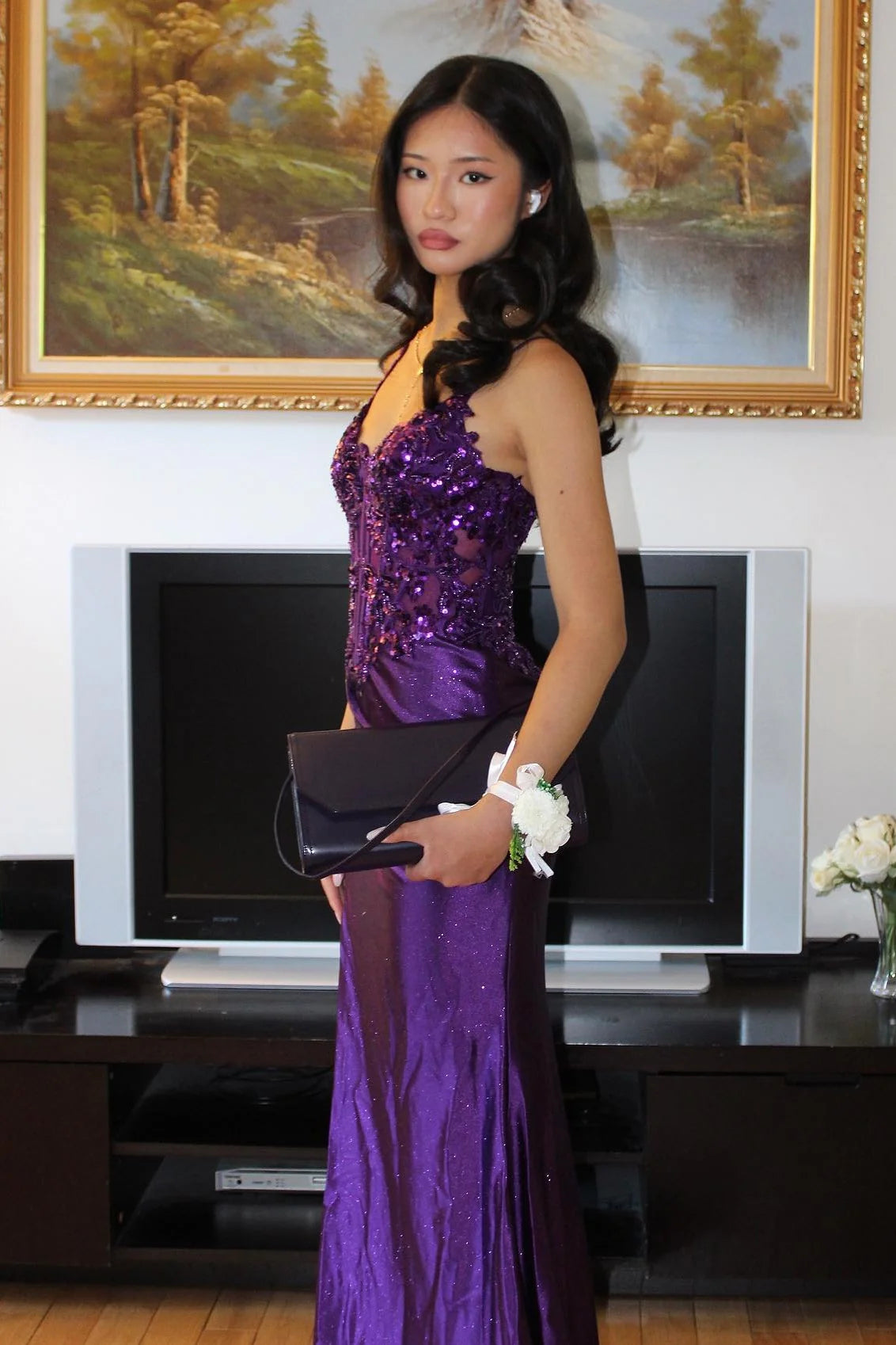 Elegant Spaghetti Strap Deep V Neck Sequin Floral Corset Velvet High Slit Prom Dress