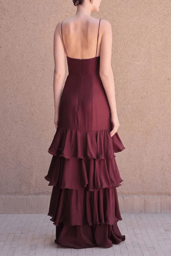Elegant Spaghetti Strap Deep V Ruched Tiered Ruffle Hem Maxi Prom Dress For Formal Evening Gala Wedding Guest