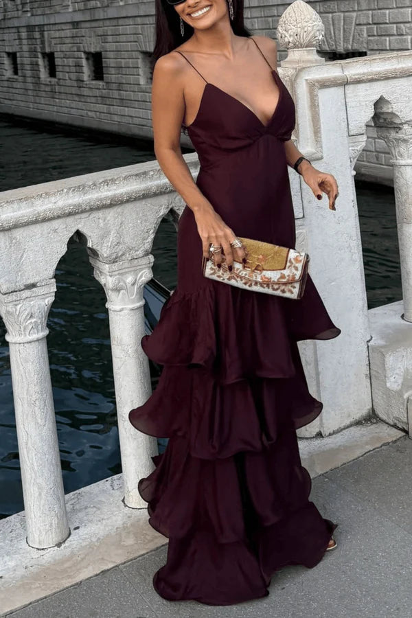 Elegant Spaghetti Strap Deep V Ruched Tiered Ruffle Hem Maxi Prom Dress For Formal Evening Gala Wedding Guest