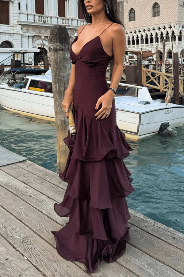 Elegant Spaghetti Strap Deep V Ruched Tiered Ruffle Hem Maxi Prom Dress For Formal Evening Gala Wedding Guest