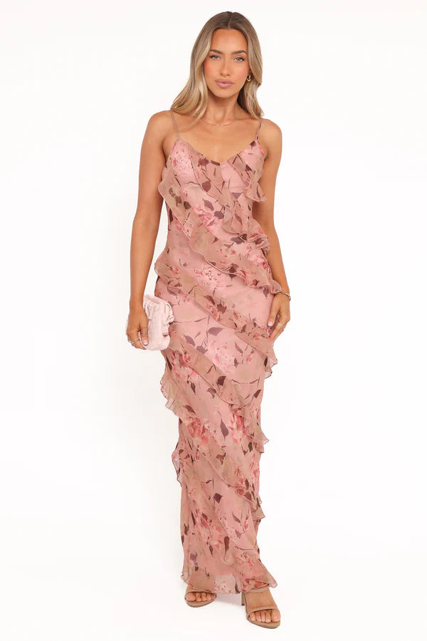 Elegant Spaghetti Strap Floral Print Ruffle Detail Maxi Prom Dress With Slit For Formal Evening Wedding Guest Bridesmaid Cocktail Party