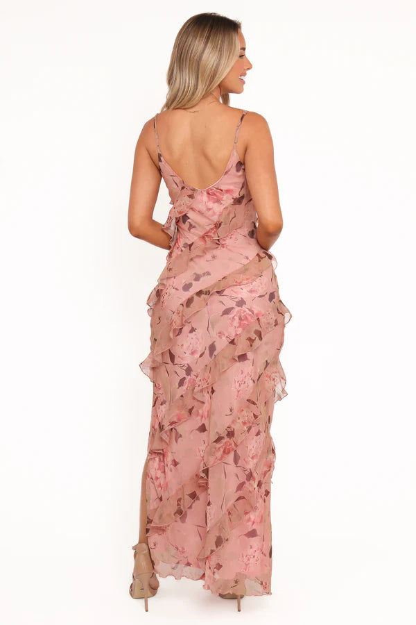 Elegant Spaghetti Strap Floral Print Ruffle Detail Maxi Prom Dress With Slit For Formal Evening Wedding Guest Bridesmaid Cocktail Party