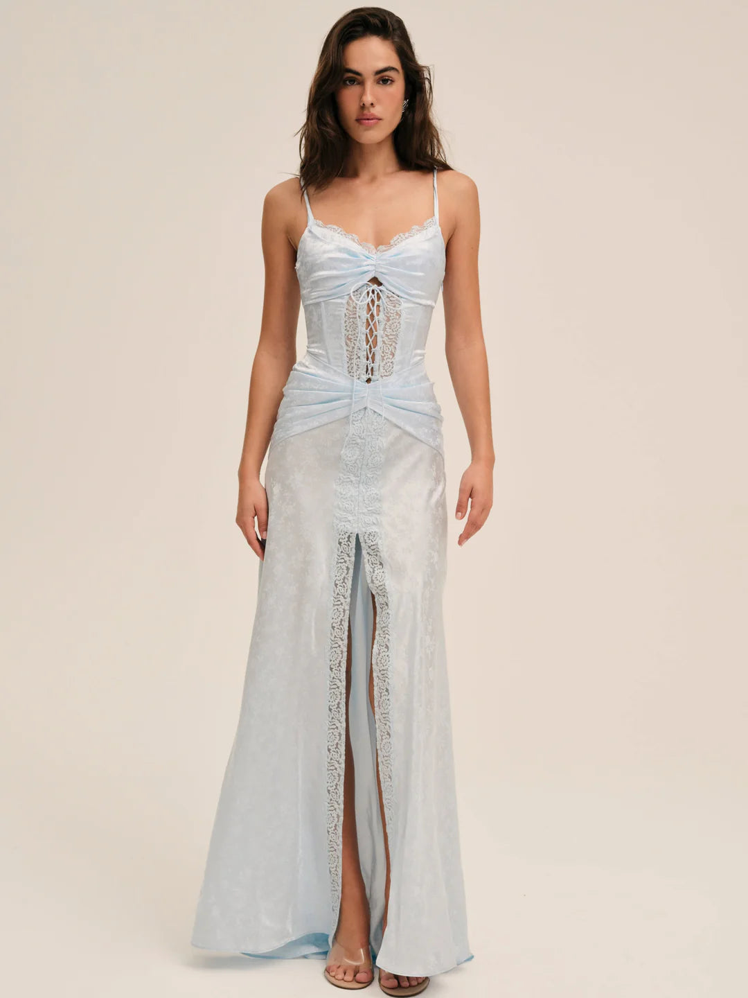 Elegant Spaghetti Strap Lace Up Cutout Lace Trim Satin Maxi Prom Dress For Formal Evening Gala