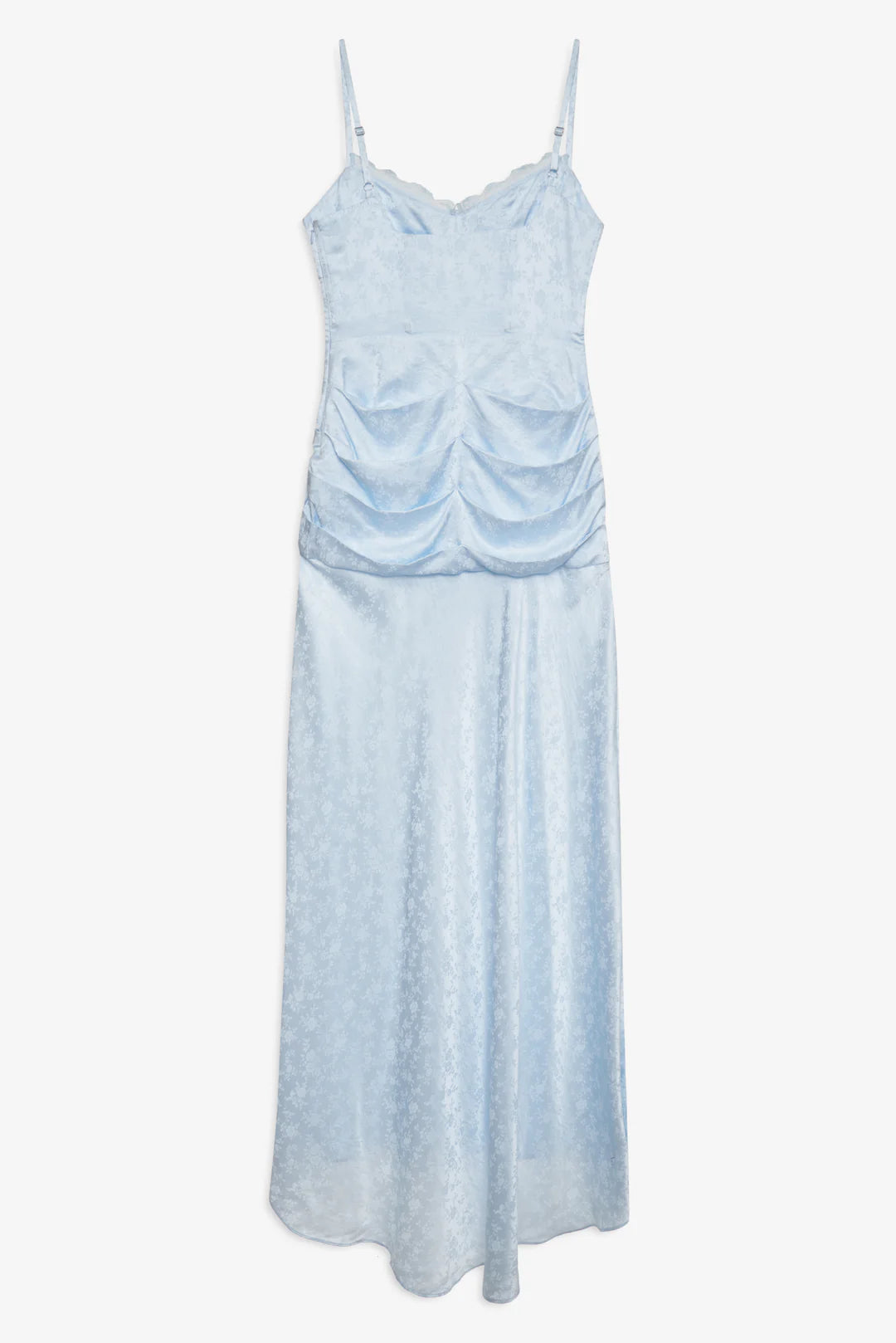 Elegant Spaghetti Strap Lace Up Cutout Lace Trim Satin Maxi Prom Dress For Formal Evening Gala