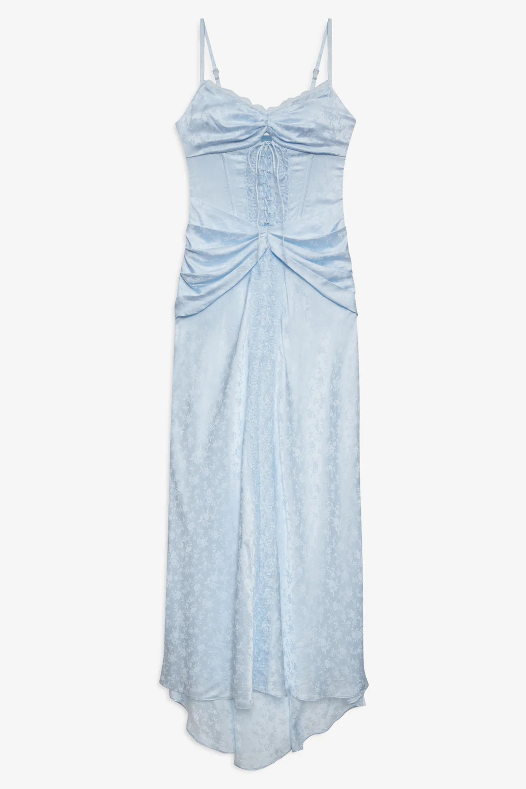 Elegant Spaghetti Strap Lace Up Cutout Lace Trim Satin Maxi Prom Dress For Formal Evening Gala