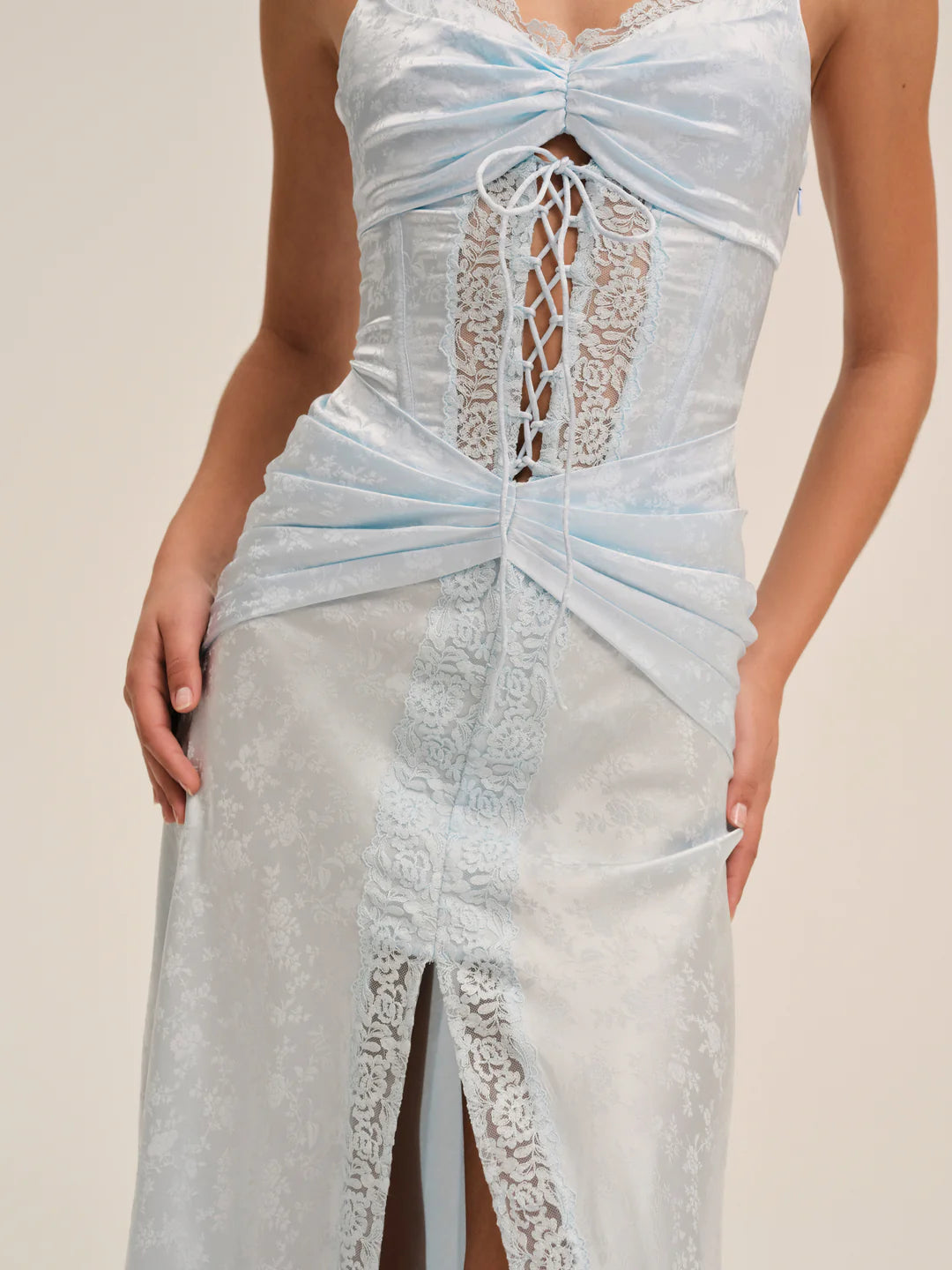 Elegant Spaghetti Strap Lace Up Cutout Lace Trim Satin Maxi Prom Dress For Formal Evening Gala