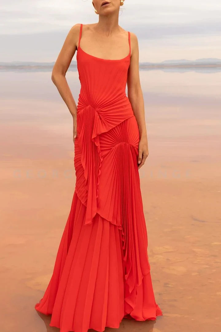 Elegant Spaghetti Strap Low Cut Back Bow Accent Pleated Ruffle Chiffon Mermaid Evening Dress For Formal Evening Prom Gala Wedding Guest Bridesmaid