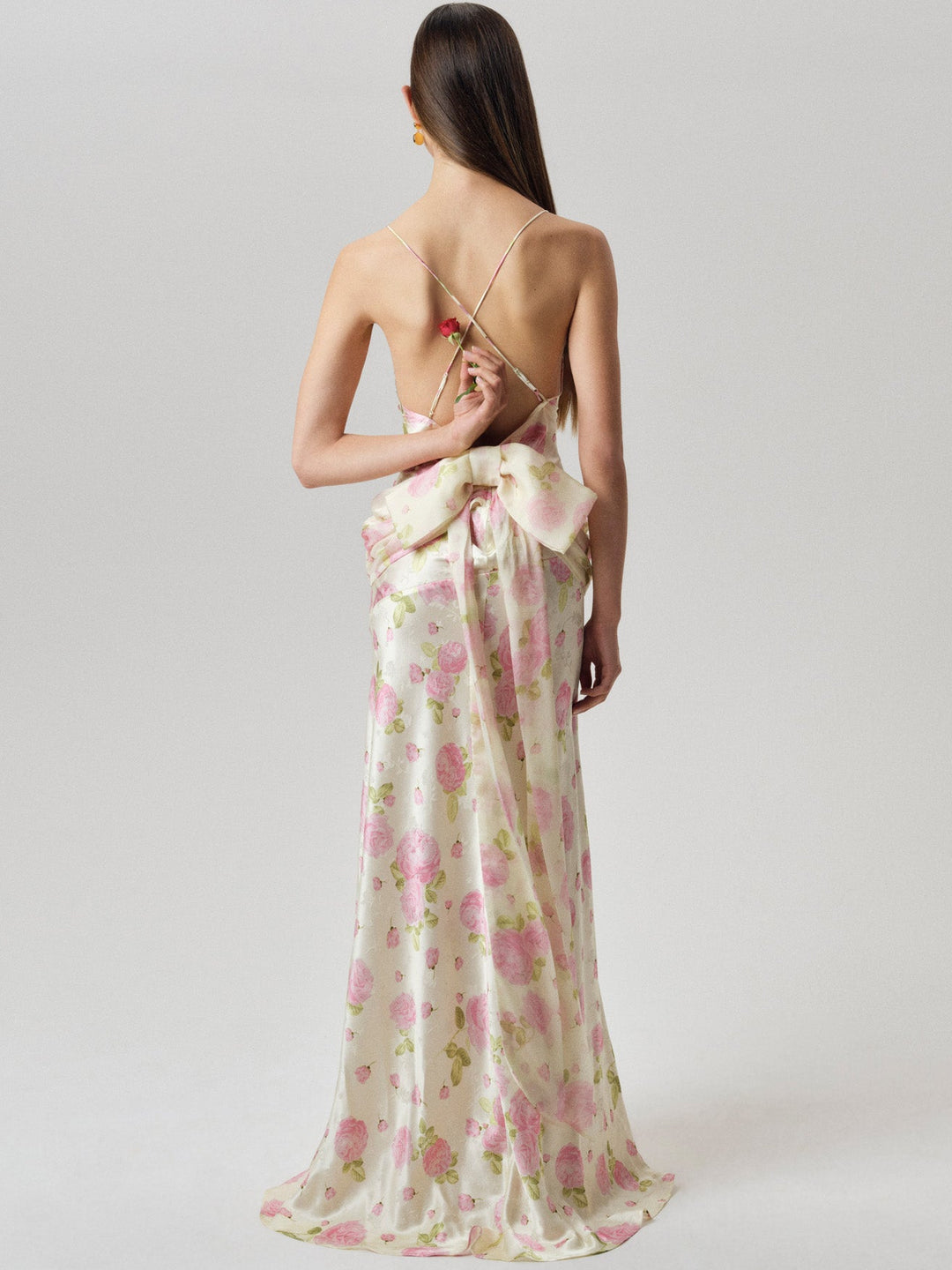 Elegant Spaghetti Strap Open Back Bow Detail Floral Print Satin Maxi Prom Dress For Formal Evening Garden Wedding Guest