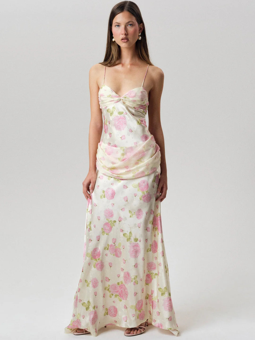 Elegant Spaghetti Strap Open Back Bow Detail Floral Print Satin Maxi Prom Dress For Formal Evening Garden Wedding Guest