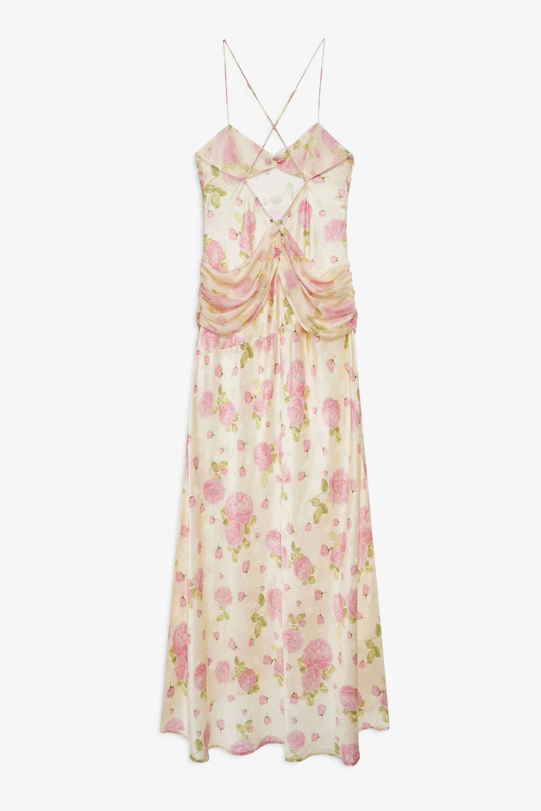 Elegant Spaghetti Strap Open Back Bow Detail Floral Print Satin Maxi Prom Dress For Formal Evening Garden Wedding Guest