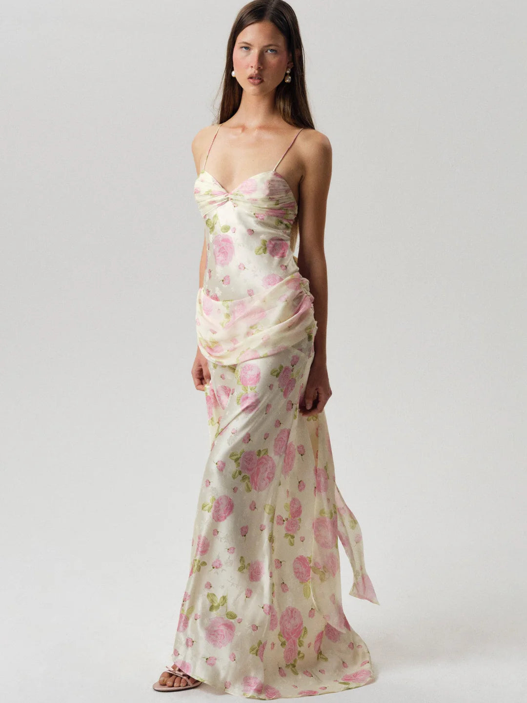 Elegant Spaghetti Strap Open Back Bow Detail Floral Print Satin Maxi Prom Dress For Formal Evening Garden Wedding Guest