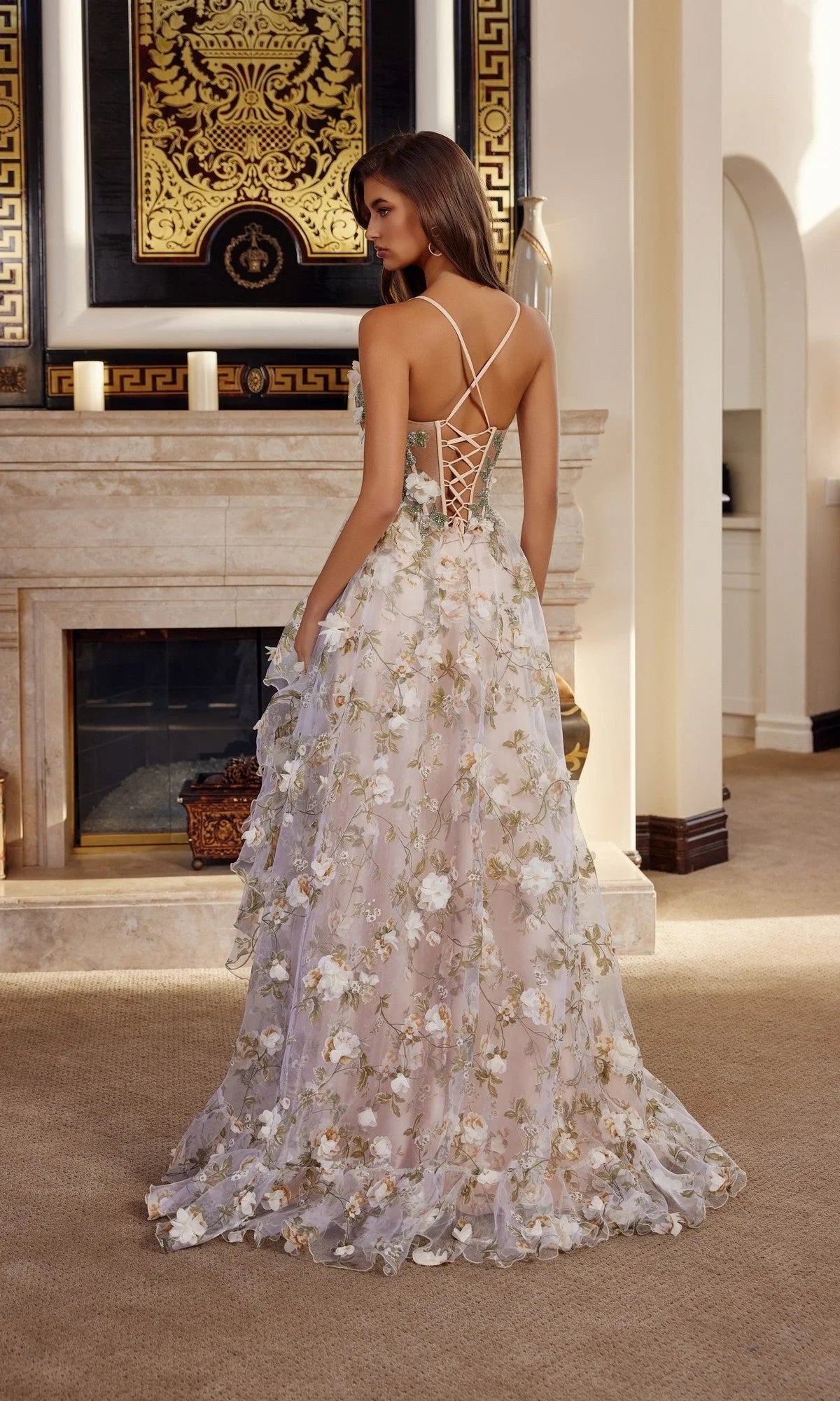 Elegant Spaghetti Strap Open Back Floral Embroidered Tulle A Line Prom Dress With Slit For Formal Evening Wedding Guest