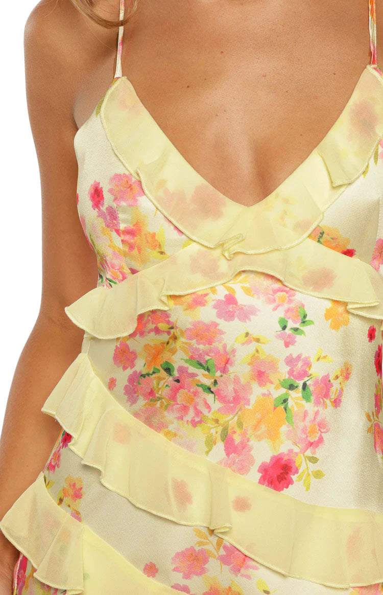 Elegant Spaghetti Strap Open Back Floral Print Ruffle Maxi Dress For Formal Evening Brunch Wedding Guest