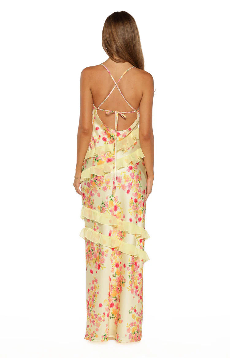Elegant Spaghetti Strap Open Back Floral Print Ruffle Maxi Dress For Formal Evening Brunch Wedding Guest