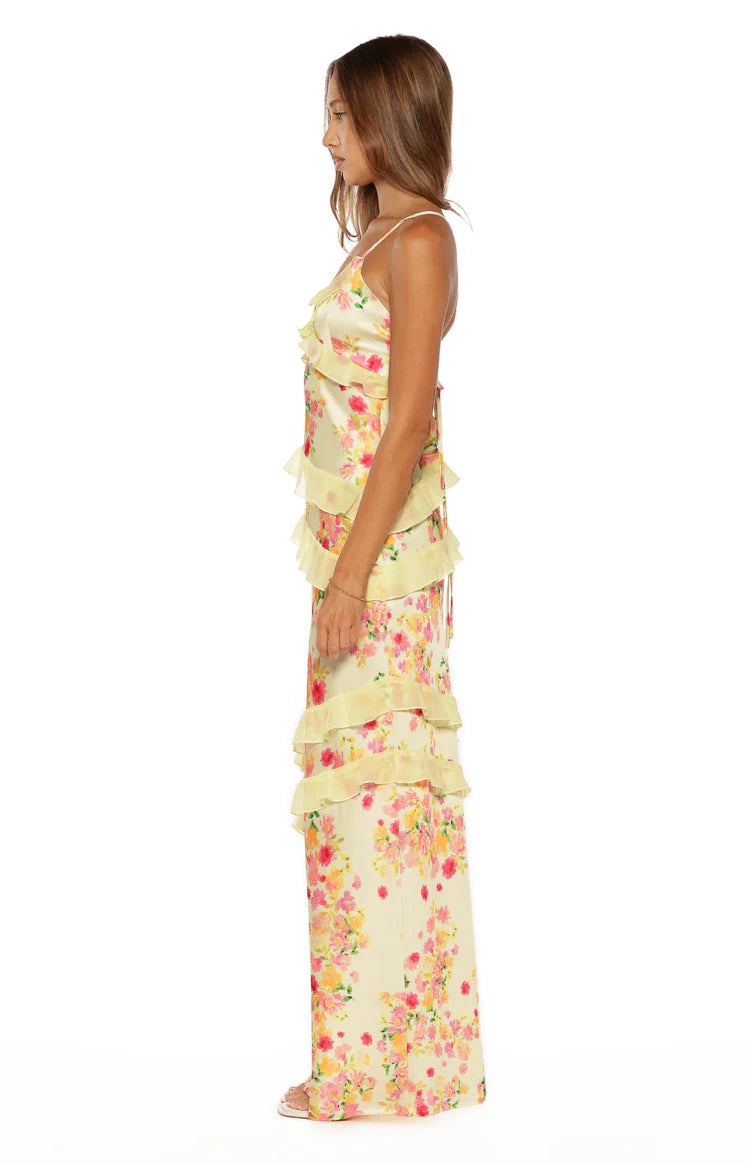 Elegant Spaghetti Strap Open Back Floral Print Ruffle Maxi Dress For Formal Evening Brunch Wedding Guest