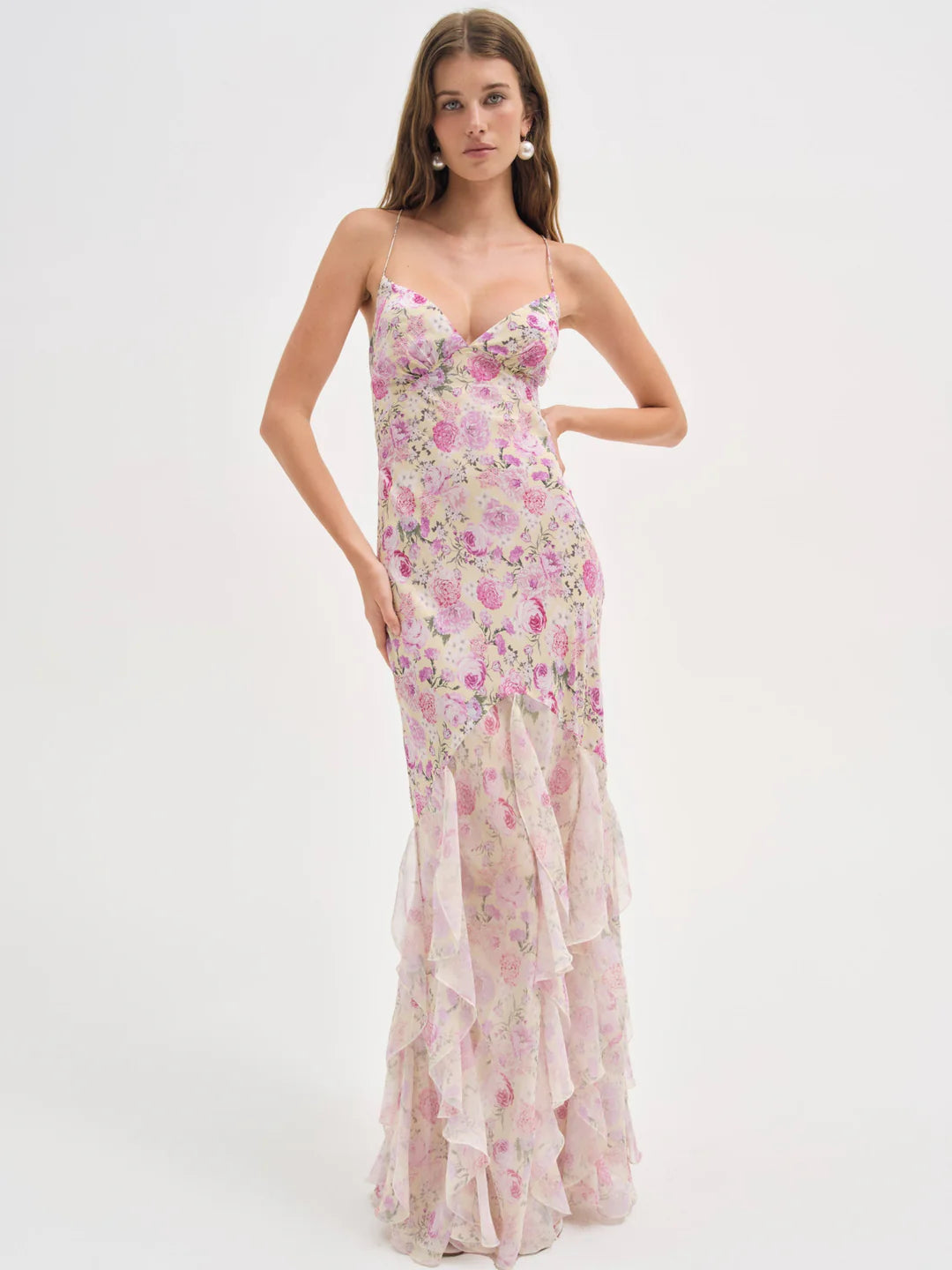 Elegant Spaghetti Strap Open Back Floral Print Ruffle Maxi Prom Dress For Formal Evening Garden Wedding Guest