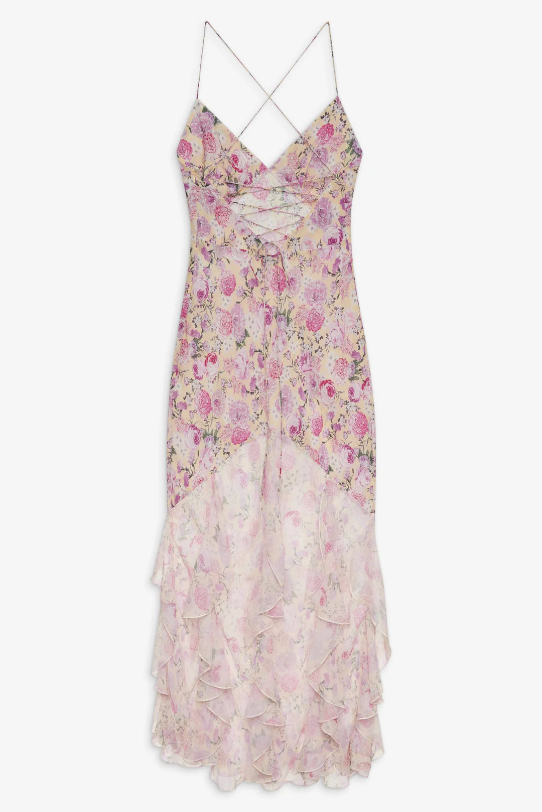 Elegant Spaghetti Strap Open Back Floral Print Ruffle Maxi Prom Dress For Formal Evening Garden Wedding Guest