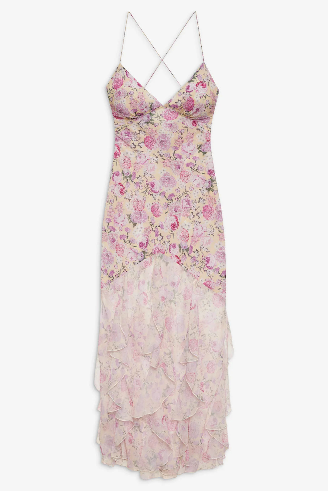 Elegant Spaghetti Strap Open Back Floral Print Ruffle Maxi Prom Dress For Formal Evening Garden Wedding Guest