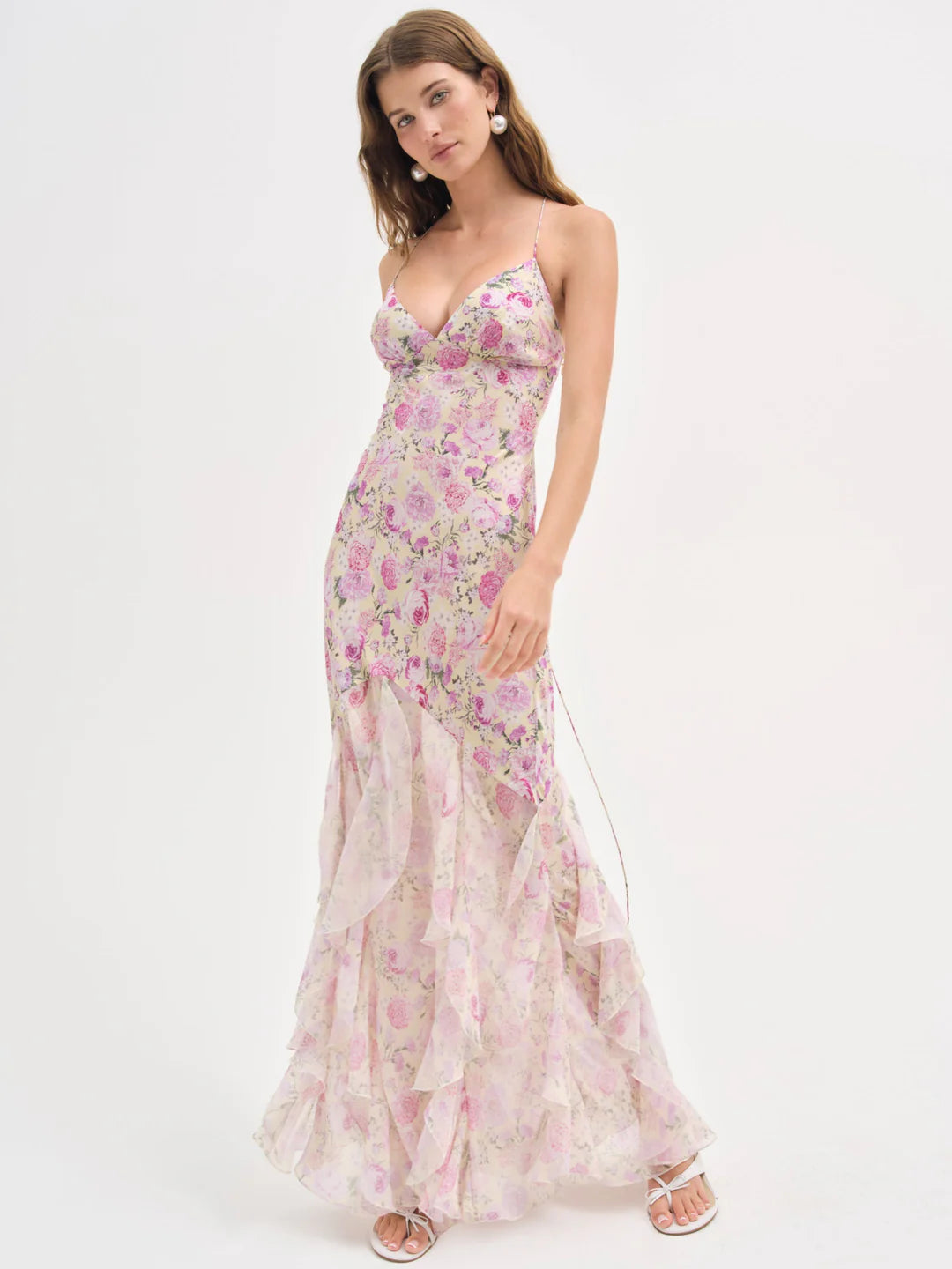 Elegant Spaghetti Strap Open Back Floral Print Ruffle Maxi Prom Dress For Formal Evening Garden Wedding Guest