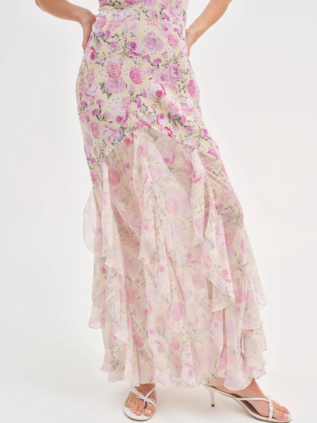 Elegant Spaghetti Strap Open Back Floral Print Ruffle Maxi Prom Dress For Formal Evening Garden Wedding Guest