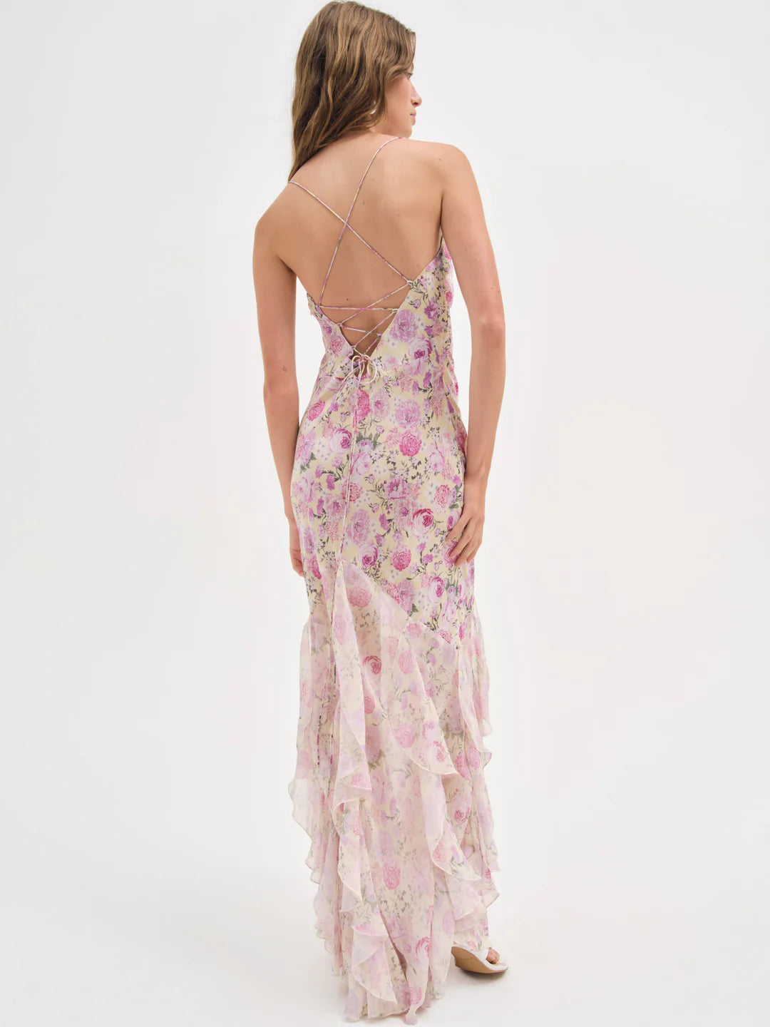 Elegant Spaghetti Strap Open Back Floral Print Ruffle Maxi Prom Dress For Formal Evening Garden Wedding Guest