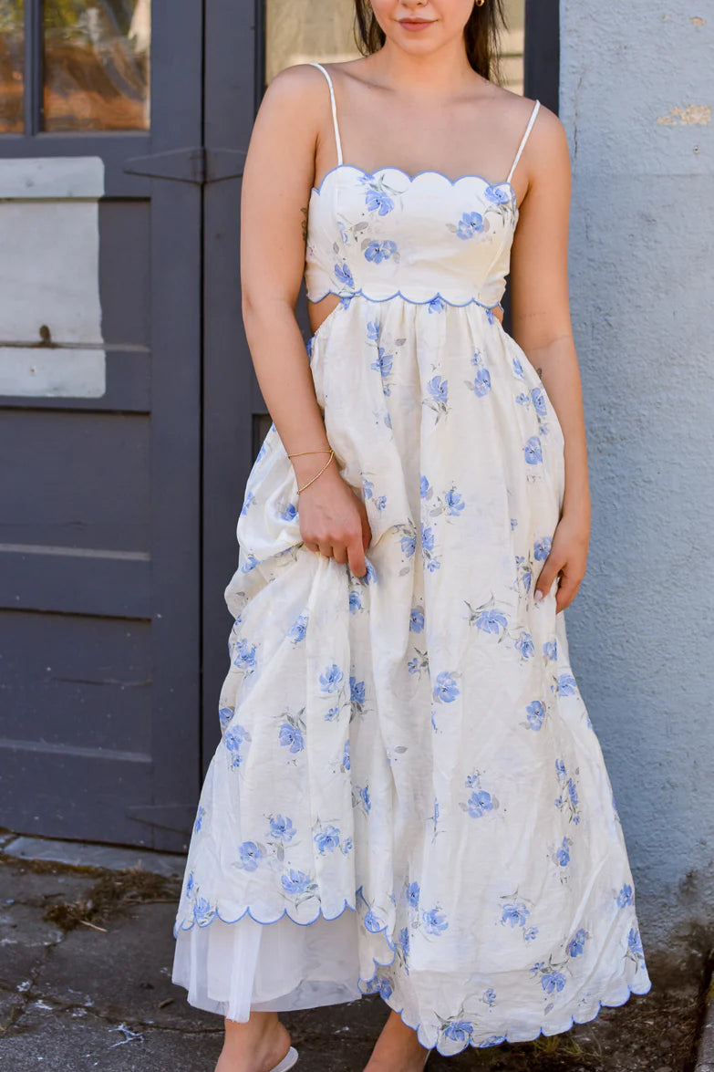 Elegant Spaghetti Strap Open Back Floral Print Smocked Waist Scalloped Hem A Line Maxi Evening Dress For Formal Evening Gala Wedding Guest Bridesmaid