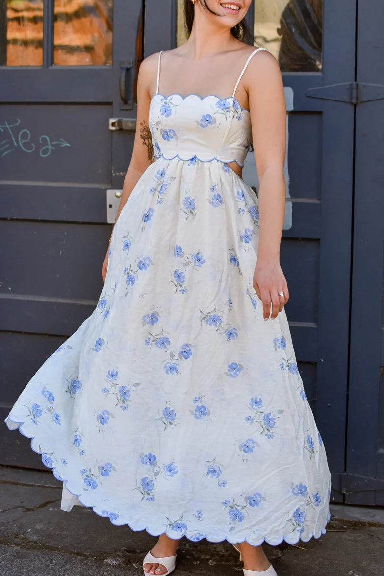 Elegant Spaghetti Strap Open Back Floral Print Smocked Waist Scalloped Hem A Line Maxi Evening Dress For Formal Evening Gala Wedding Guest Bridesmaid