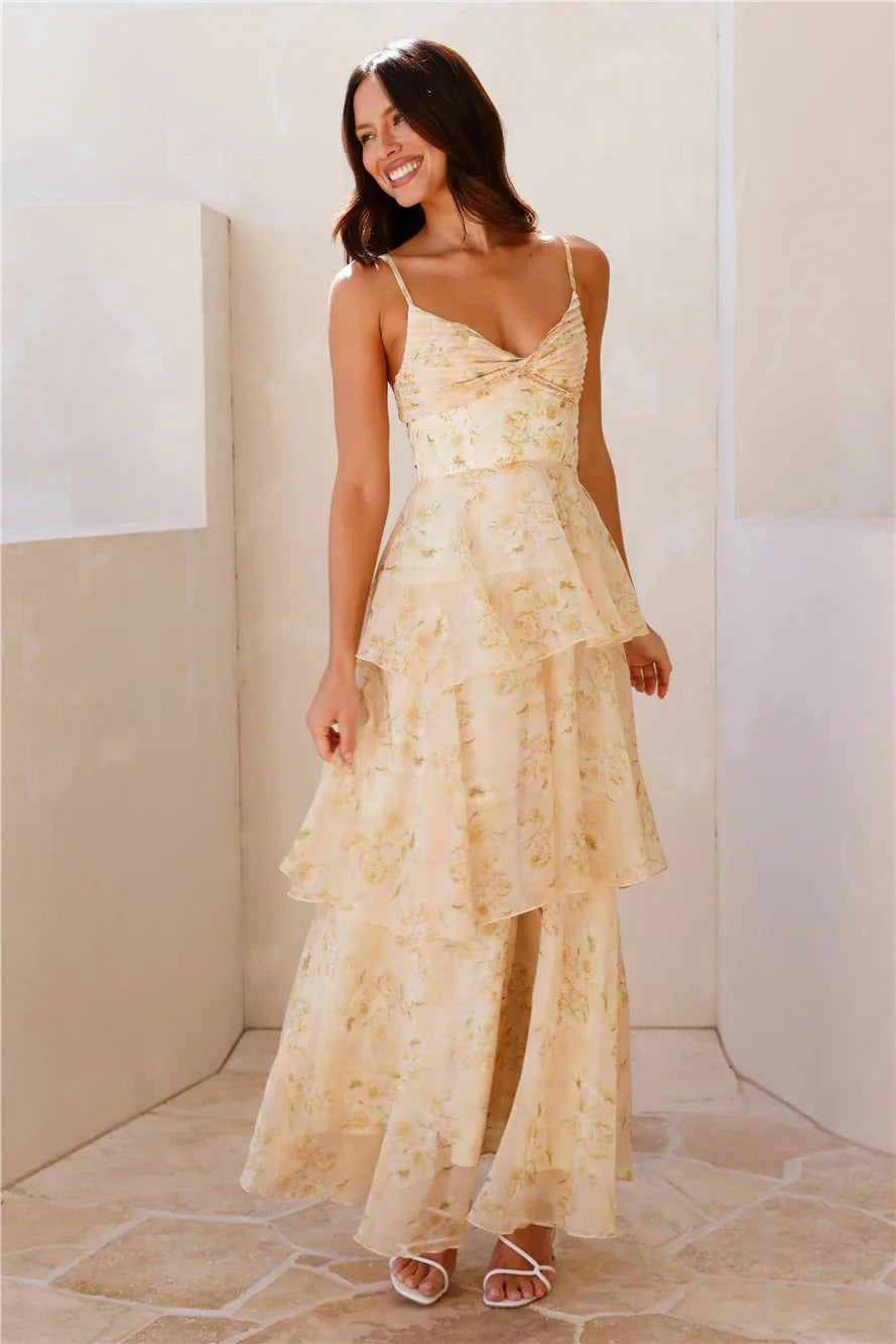 Elegant Spaghetti Strap Open Back Floral Print Tiered Ruffle Maxi Prom Dress For Formal Evening Wedding Guest Bridesmaid Cocktail Party