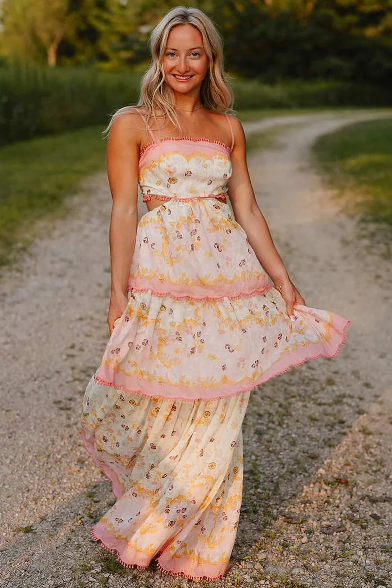 Elegant Spaghetti Strap Open Back Lace Up Detail Tiered Ruffle Hem Floral Print Maxi Evening Dress For Formal Evening Prom Wedding Guest Bridesmaid Beach Wedding Cocktail Party Gala