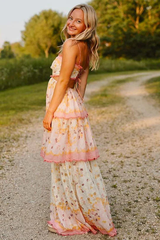 Elegant Spaghetti Strap Open Back Lace Up Detail Tiered Ruffle Hem Floral Print Maxi Evening Dress For Formal Evening Prom Wedding Guest Bridesmaid Beach Wedding Cocktail Party Gala