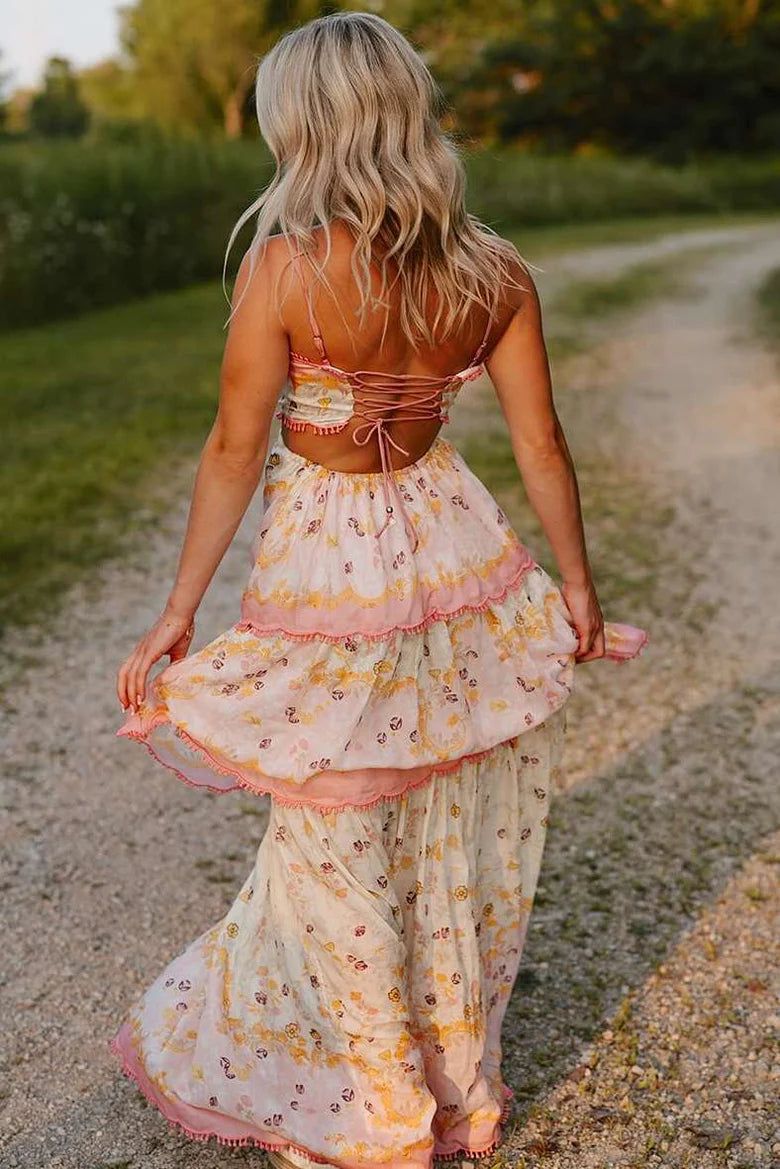 Elegant Spaghetti Strap Open Back Lace Up Detail Tiered Ruffle Hem Floral Print Maxi Evening Dress For Formal Evening Prom Wedding Guest Bridesmaid Beach Wedding Cocktail Party Gala
