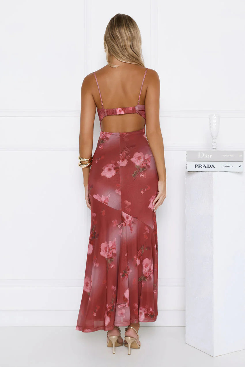 Elegant Spaghetti Strap Open Back Ruched Bust Floral Print Mesh Maxi Evening Dress For Formal Evening Prom Wedding Guest Bridesmaid Cocktail Party Gala