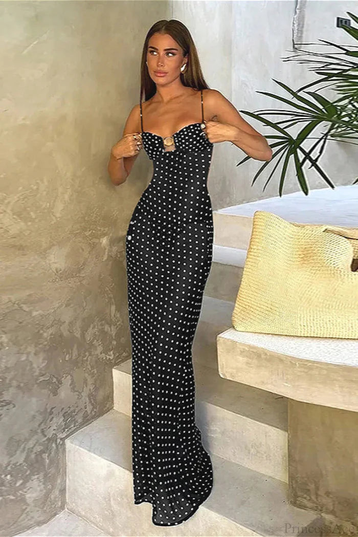 Elegant Spaghetti Strap Polka Dot Bodycon Maxi Prom Dress with Keyhole Cutout