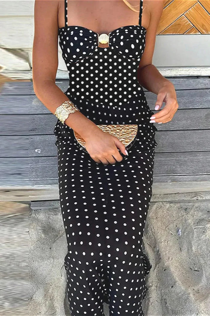 Elegant Spaghetti Strap Polka Dot Bodycon Maxi Prom Dress with Keyhole Cutout