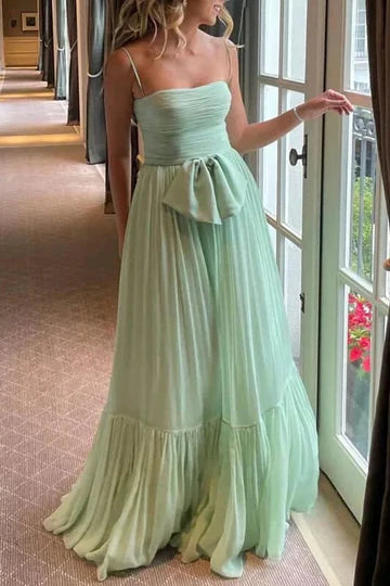 Elegant Spaghetti Strap Ruched Bust Bow Detail Tiered Ruffle Hem Maxi Evening Dress For Formal Evening Prom Wedding Guest Bridesmaid Beach Wedding Cocktail Party Gala