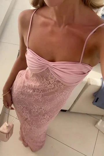 Elegant Spaghetti Strap Ruched Bust Detail Lace Overlay Mermaid Maxi Evening Dress For Formal Evening Prom Wedding Guest Bridesmaid Beach Wedding Cocktail Party Gala