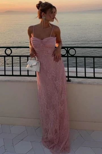 Elegant Spaghetti Strap Ruched Bust Detail Lace Overlay Mermaid Maxi Evening Dress For Formal Evening Prom Wedding Guest Bridesmaid Beach Wedding Cocktail Party Gala