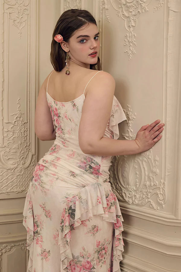Elegant Spaghetti Strap Ruffle Trim Floral Print Ruched Bodycon Maxi Prom Dress For Formal Evening Gala Wedding Guest Bridesmaid