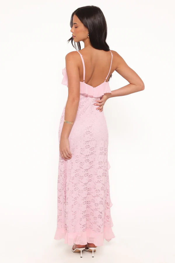 Elegant Spaghetti Strap Ruffle Trim Lace Maxi Prom Dress With High Slit For Formal Evening Wedding Guest Bridesmaid Cocktail Party