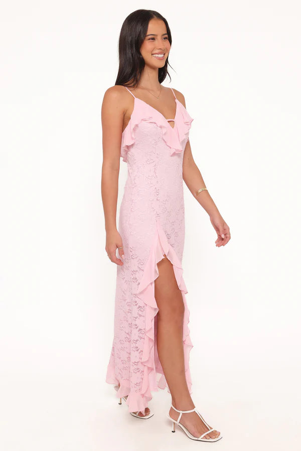 Elegant Spaghetti Strap Ruffle Trim Lace Maxi Prom Dress With High Slit For Formal Evening Wedding Guest Bridesmaid Cocktail Party