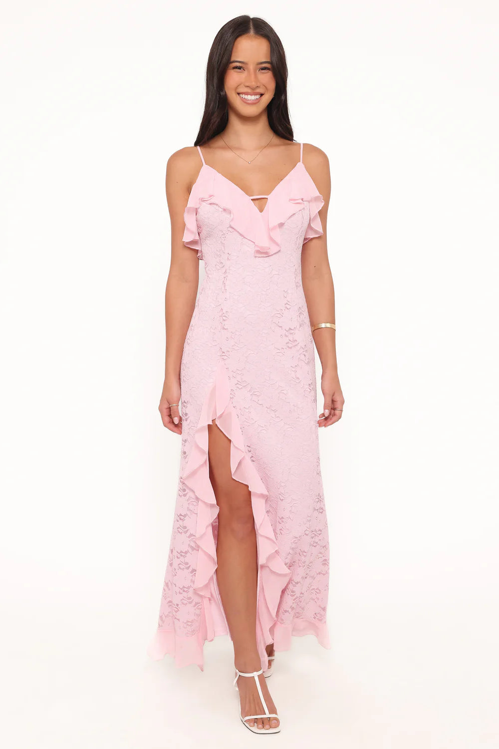 Elegant Spaghetti Strap Ruffle Trim Lace Maxi Prom Dress With High Slit For Formal Evening Wedding Guest Bridesmaid Cocktail Party