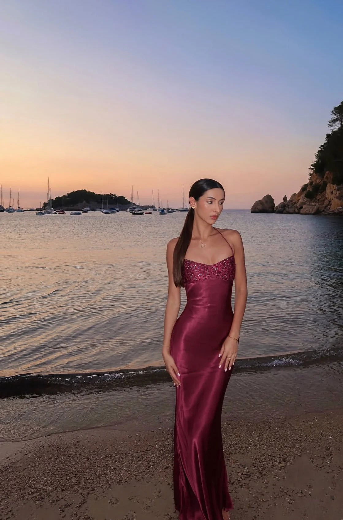 Elegant Spaghetti Strap Sequin Bust Lace Up Back Satin Mermaid Prom Dress