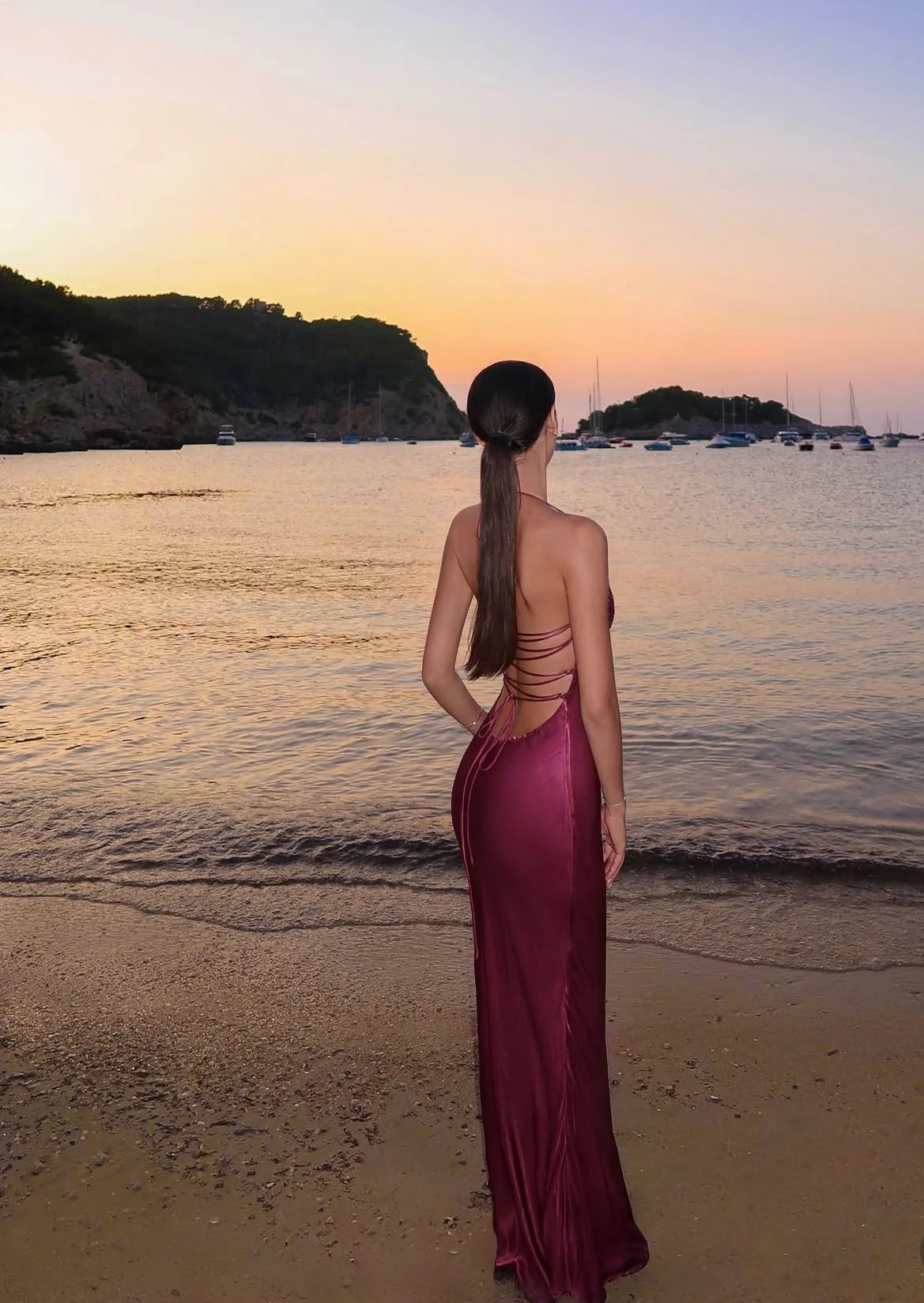 Elegant Spaghetti Strap Sequin Bust Lace Up Back Satin Mermaid Prom Dress