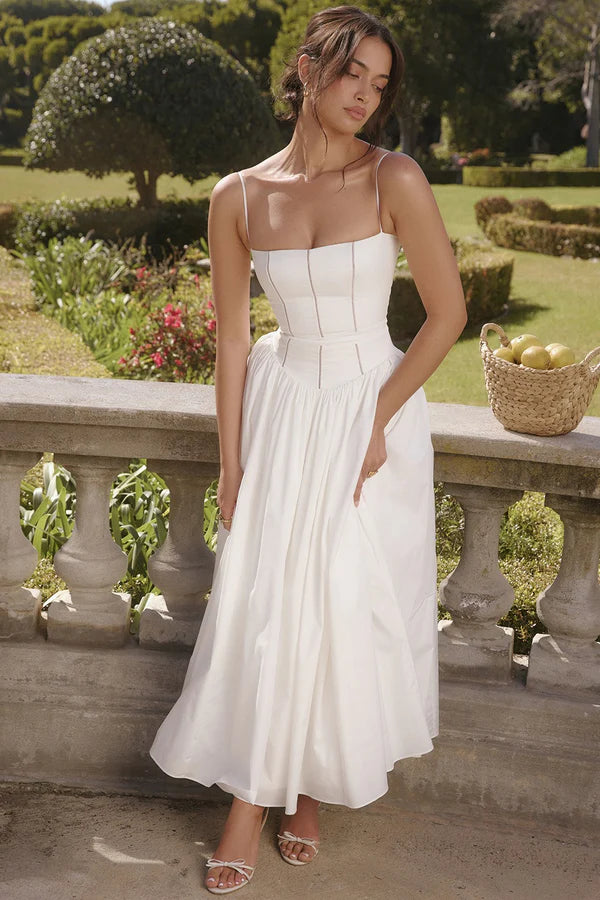 Elegant Spaghetti Strap Square Neck Corset Bodice Flared A Line Midi Prom Dress For Formal Evening Gala Wedding Guest Bridesmaid