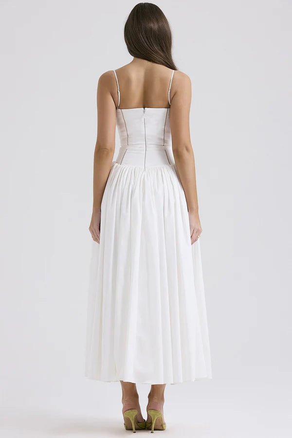 Elegant Spaghetti Strap Square Neck Corset Bodice Flared A Line Midi Prom Dress For Formal Evening Gala Wedding Guest Bridesmaid