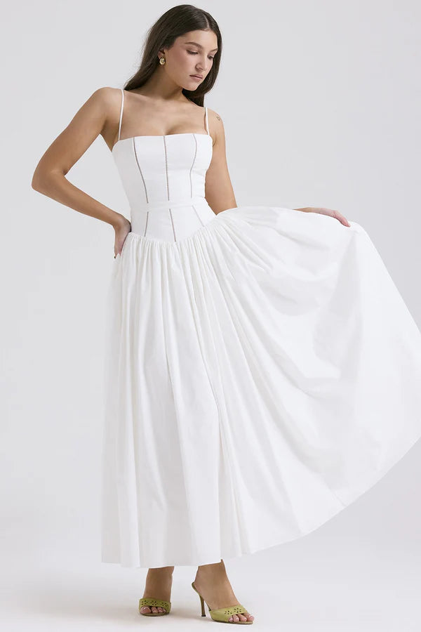 Elegant Spaghetti Strap Square Neck Corset Bodice Flared A Line Midi Prom Dress For Formal Evening Gala Wedding Guest Bridesmaid